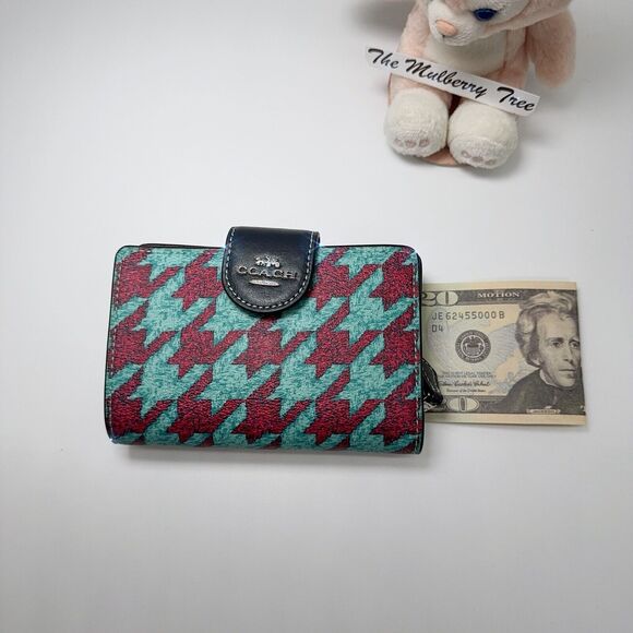 Coach Medium Corner Zip Wallet With Houndstooth Print Teal Wine CJ680 NWT $198 - Picture 5 of 9